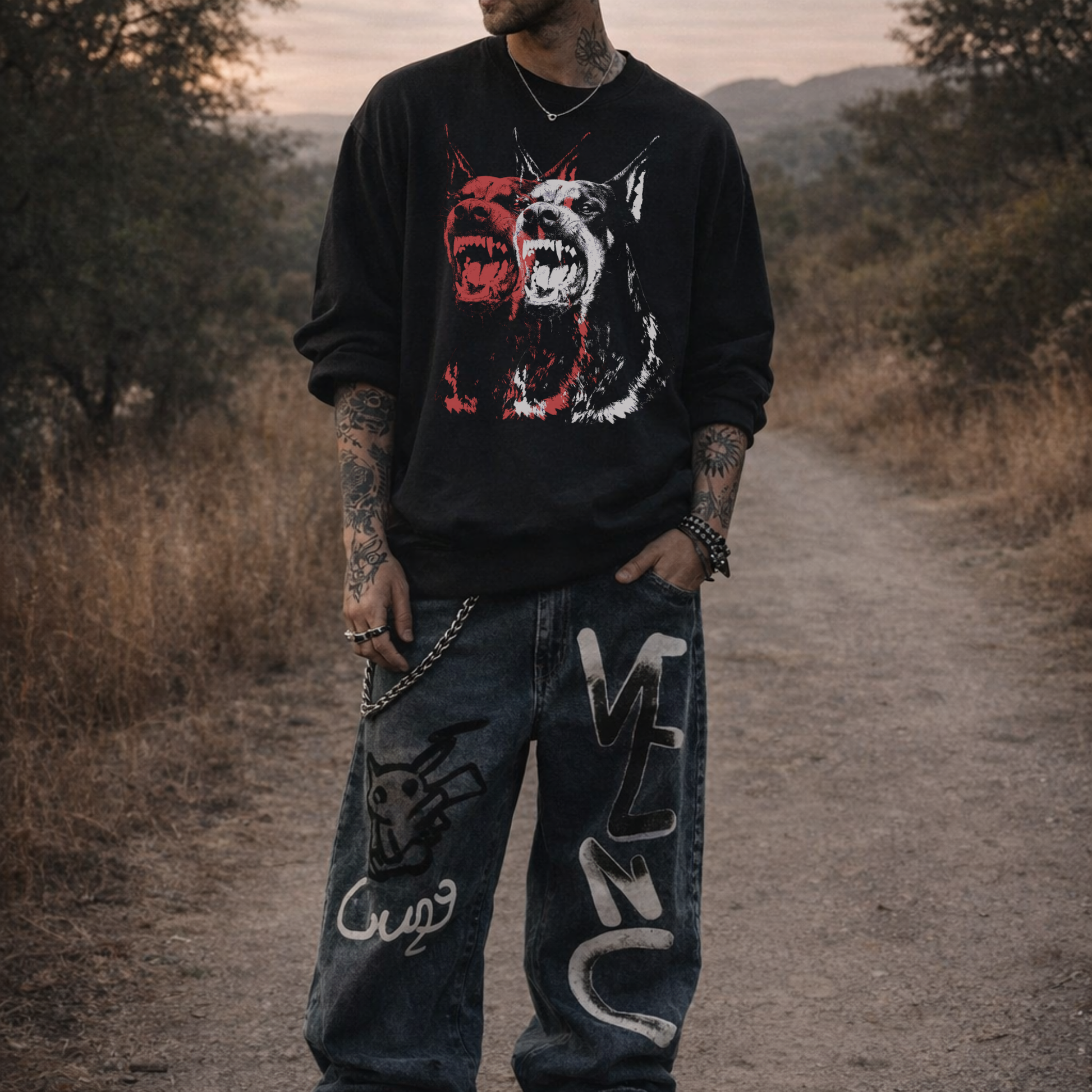 Person wearing a black graphic sweatshirt and jeans with graffiti-style text, standing on a dirt path in a natural setting.